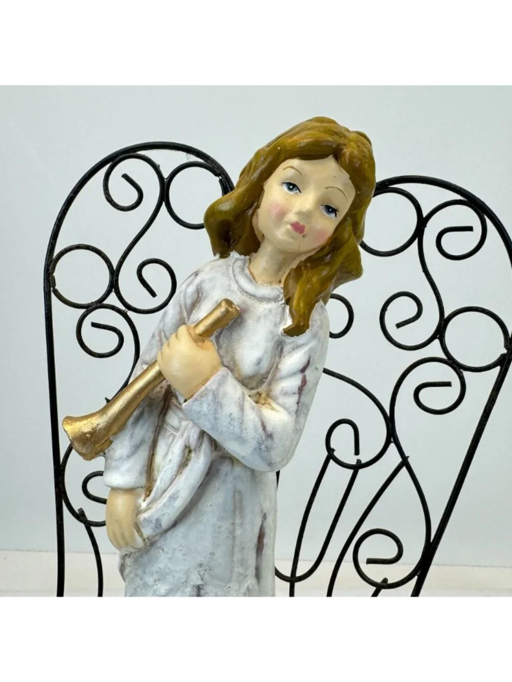 Vintage Rustic White Christmas Angel Figurine With Metal Wings Gold Trumpet 11" - Picture 2 of 10